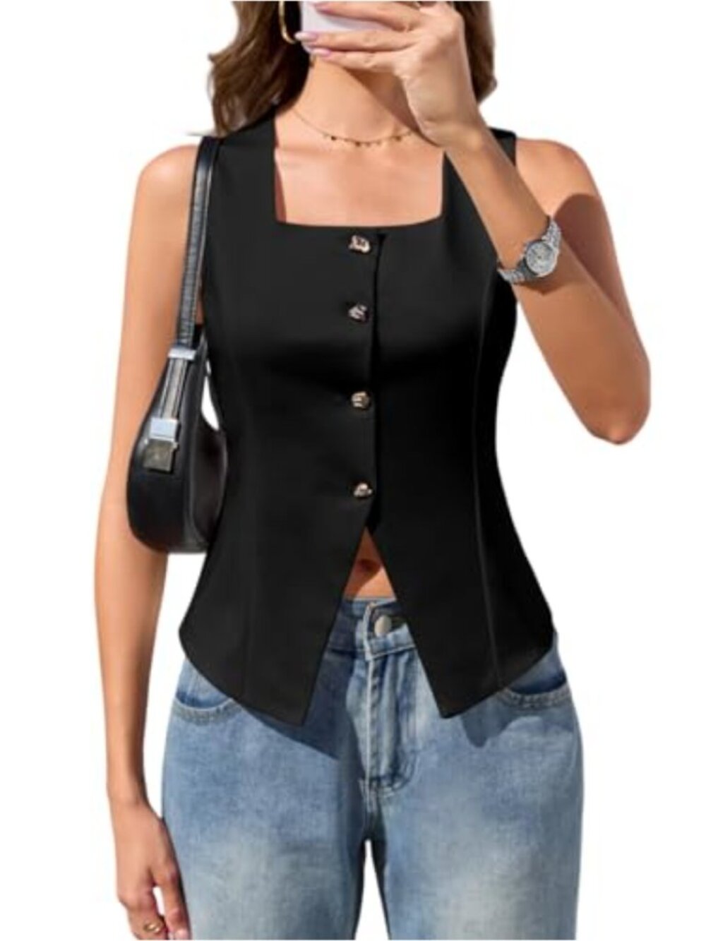 Women's Sleeveless Square Neck Blazer Vest Fitted Waistcoat with Adjustable